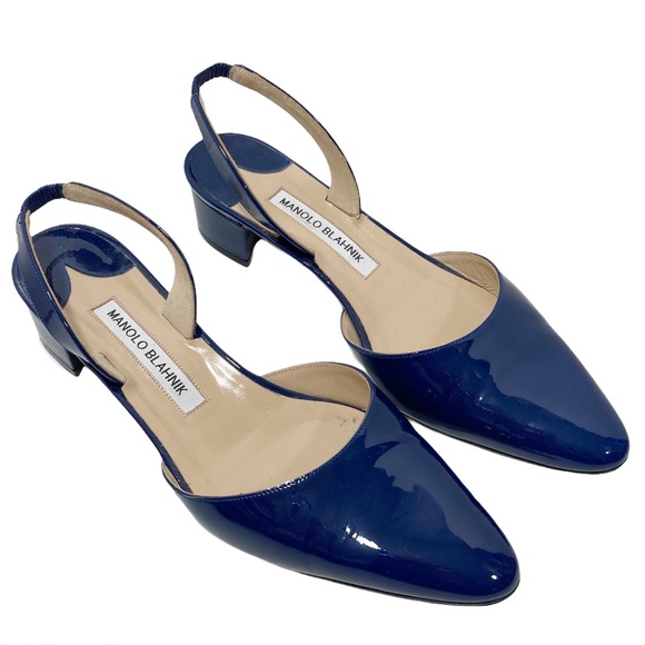 Manolo Blahnik patent leather heel blue sling back block heel shoe EU size 37 - Picture 3 of 11